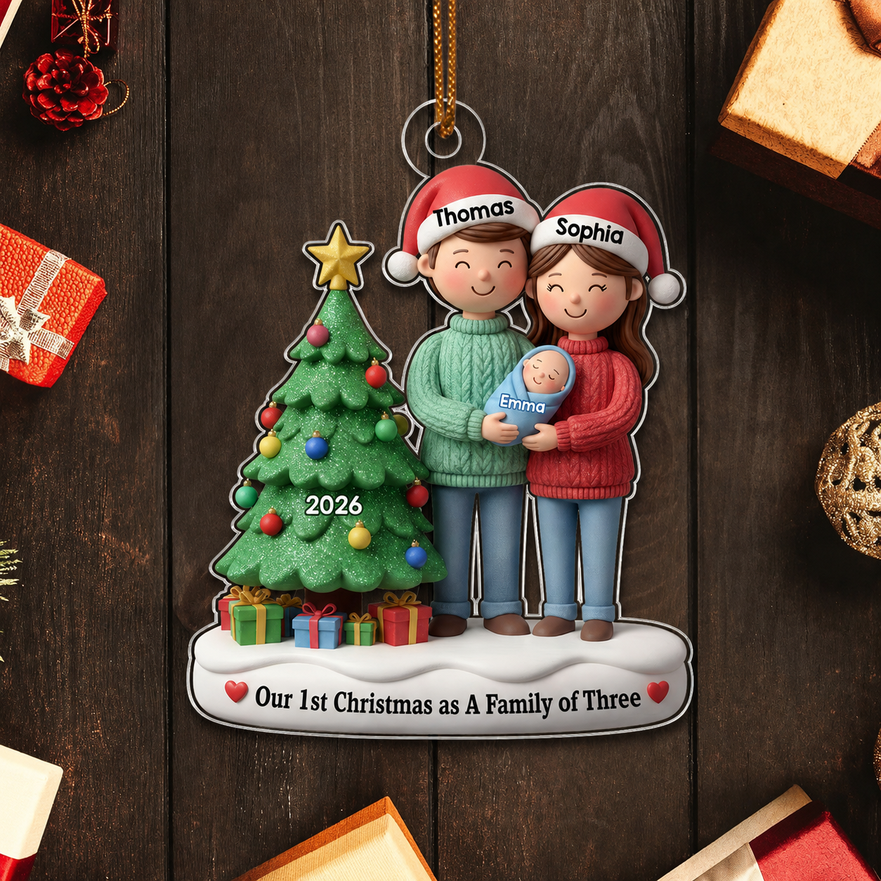 3D Effect First Christmas As Family Of Three Mom Dad & Baby By Tree - Personalized Acrylic Ornament