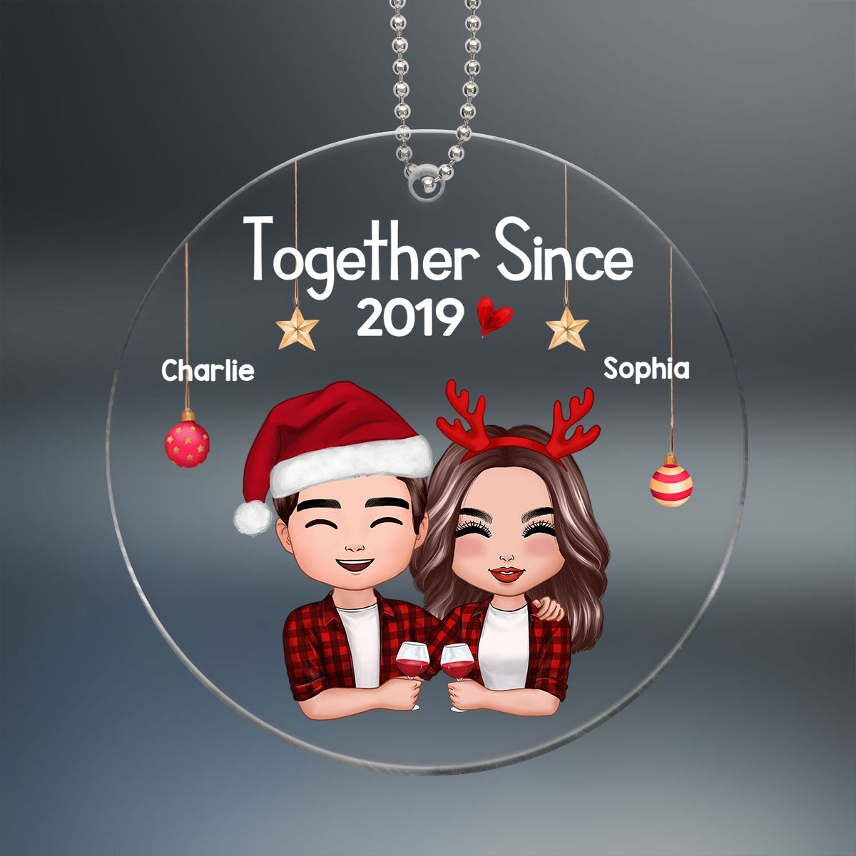 Christmas Doll Couple Hugging Holding Drinks Personalized Acrylic Ornament