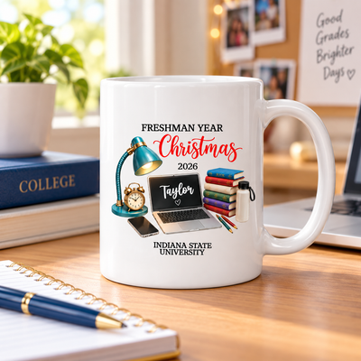 Freshman Year Christmas Study Desk – Personalized Mug – College Student Christmas Gift, First Year Keepsake