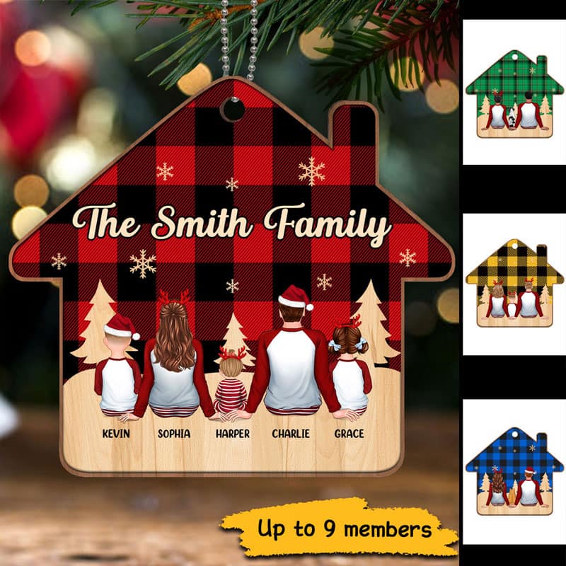 Pajamas Family In House Checkered Pattern Personalized Wooden Ornament