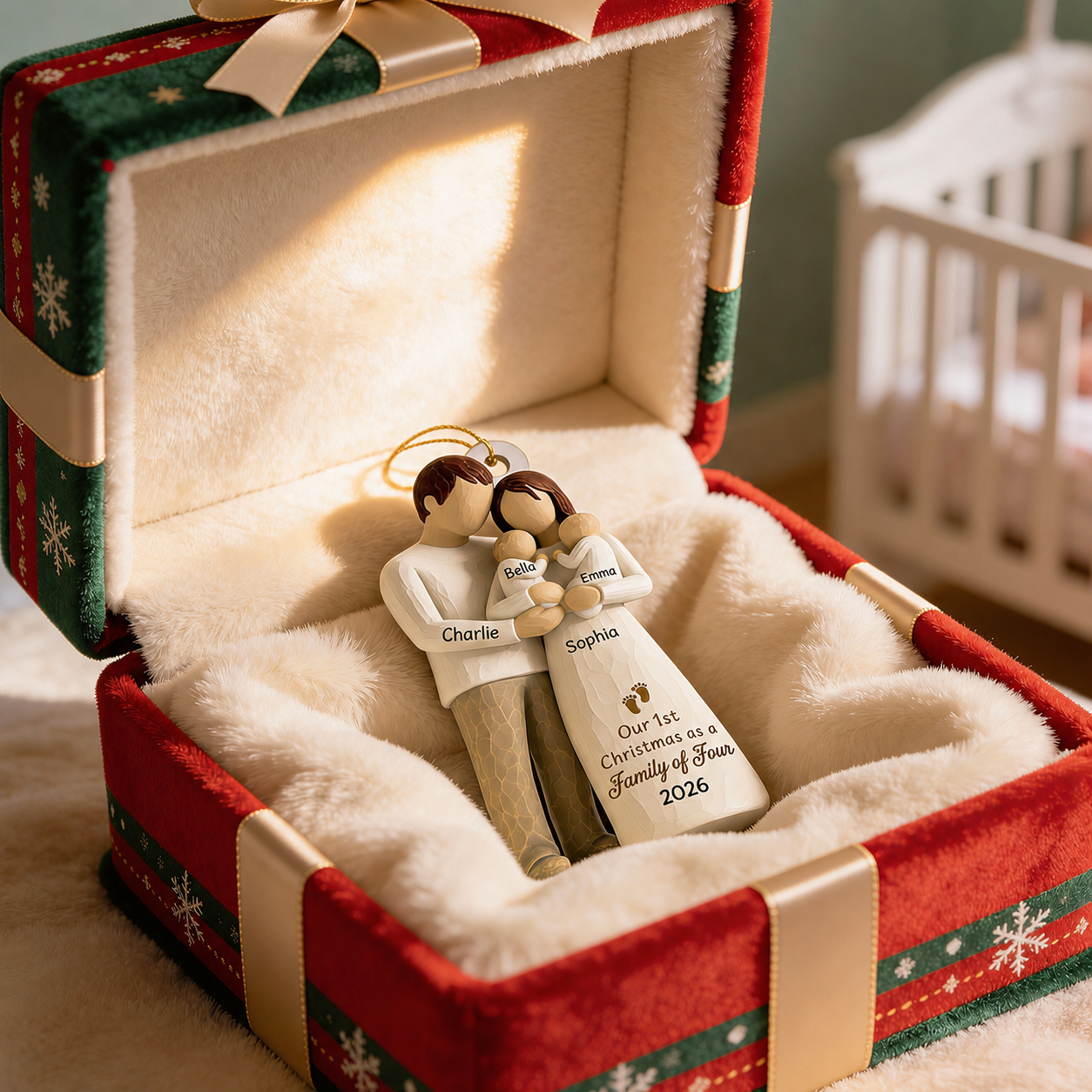 3D Effect First Christmas As Family Of Four Mom Dad & Twin Babies - Personalized Wooden Ornament