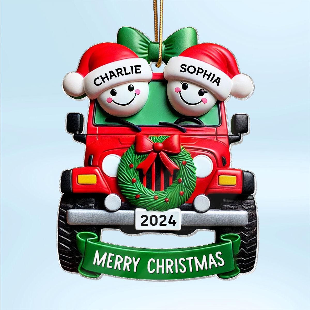 3D Effect Happy Couple On Christmas Car Personalized Acrylic Ornament