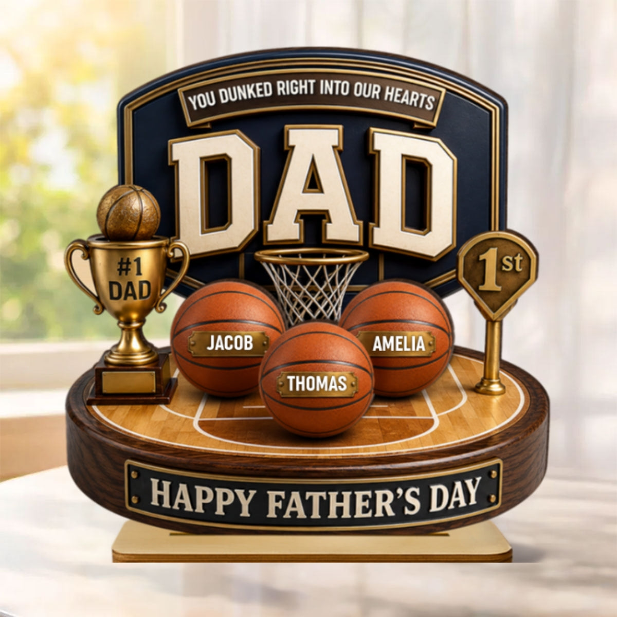 Basketball Trophy You Dunked Right Into Our Hearts - Personalized 2-Layered Wooden Plaque - Father's Day Gift For Dad, Husband