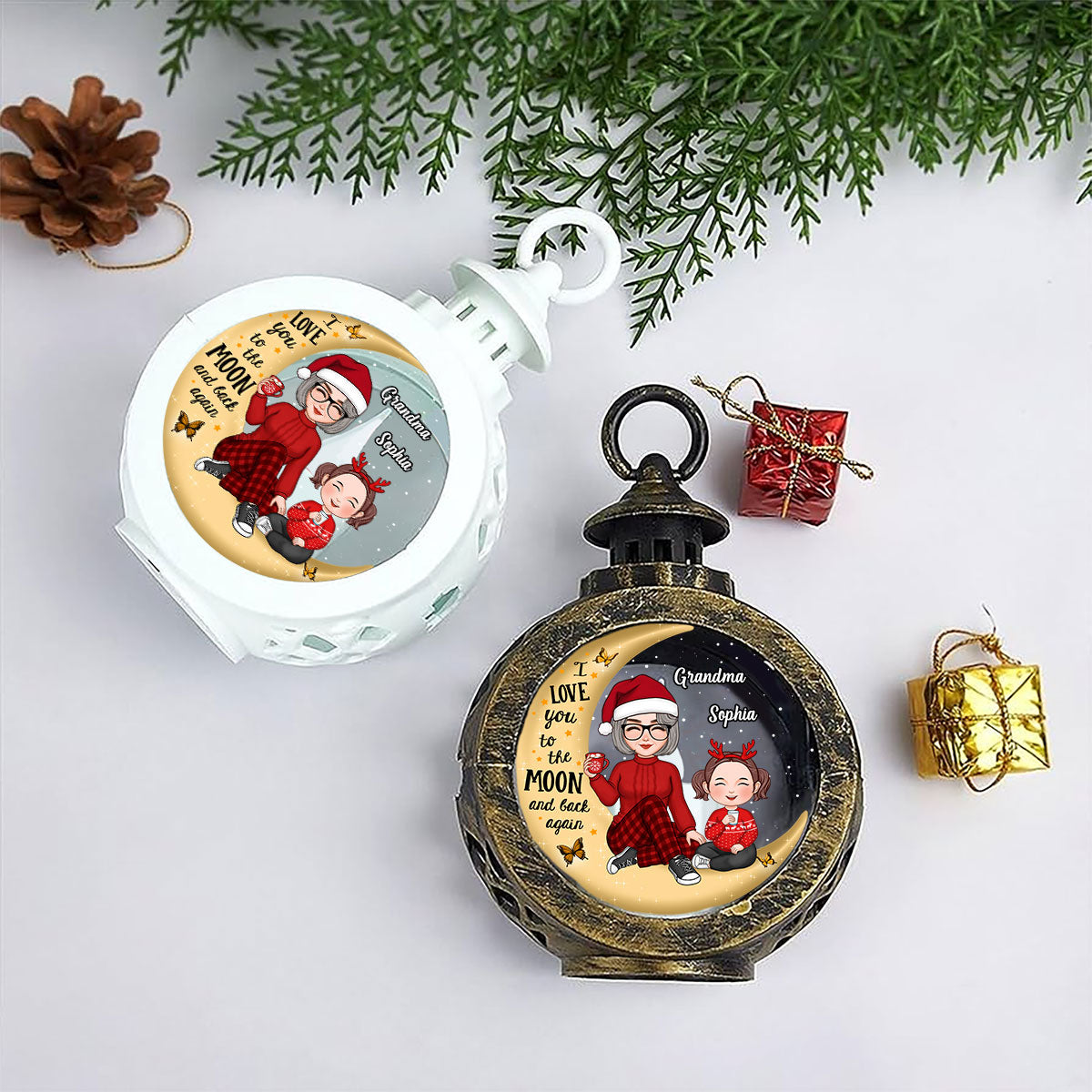 Cute Grandma & Grandkid On Moon Christmas Gift Personalized Lantern Ornament
