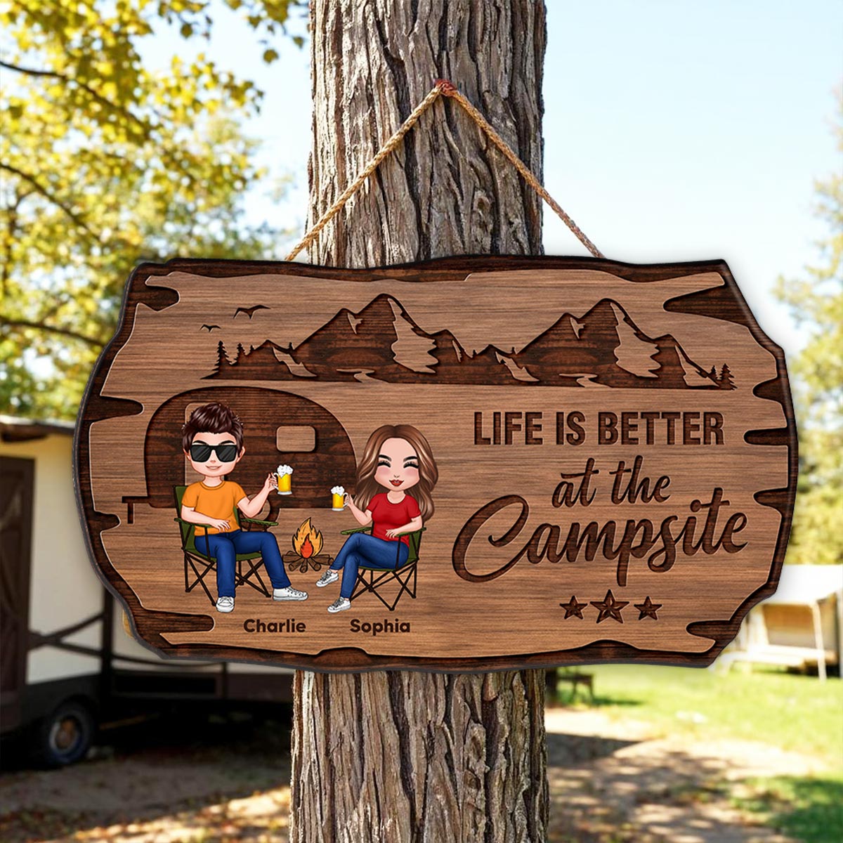 Doll Couple Camping Rustic Personalized Wood Sign