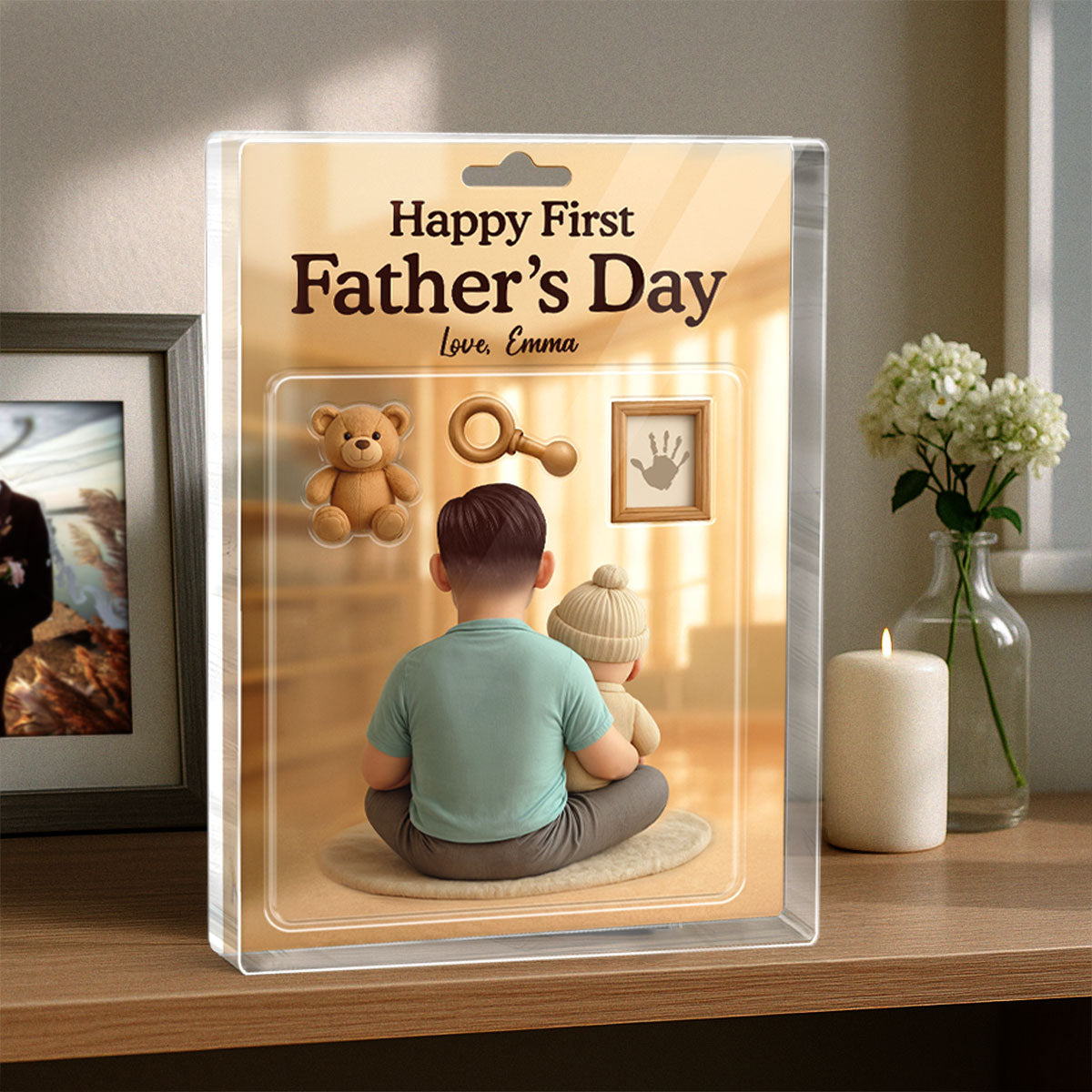 Happy First  Custom Figure 3D Effect Personalized Rectangle Acrylic Block Plaque