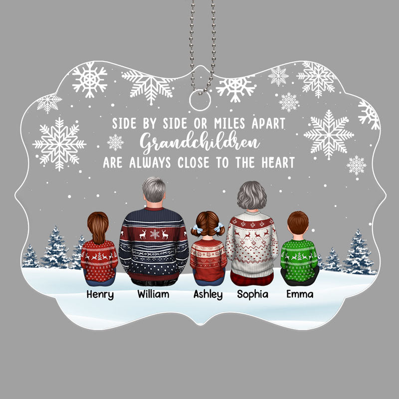 Grandma Grandpa Grandkids Side By Side Snow Background Personalized Acrylic Ornament