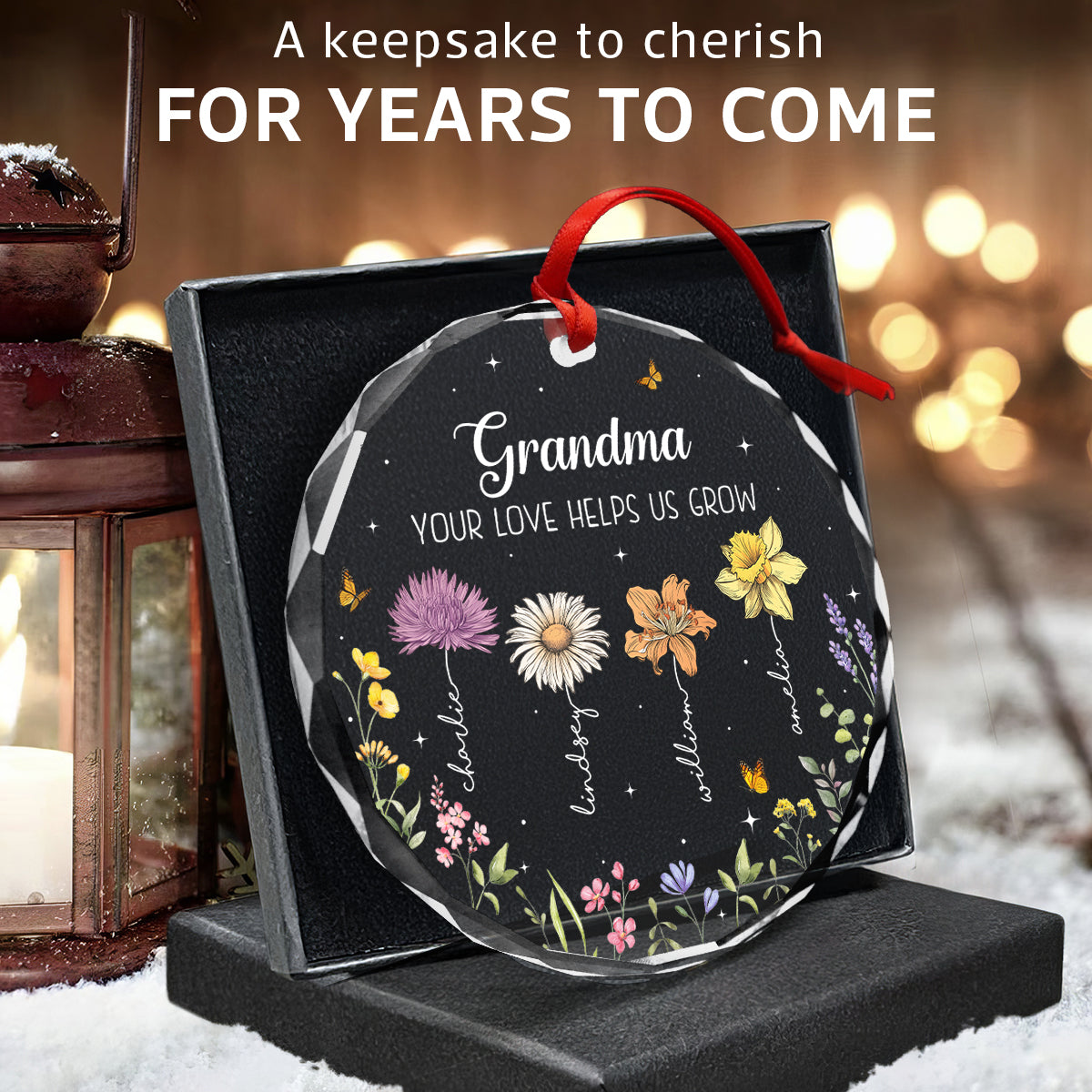 Grandma Your Love Helps Us Grow Birth Month Flowers Personalized Glass Ornament