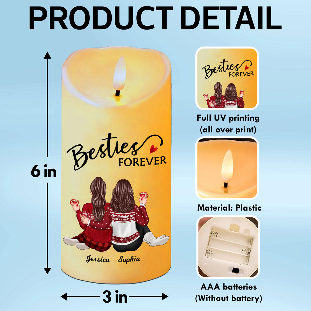 Besties Forever Message Christmas Besties Back View Personalized LED Candle