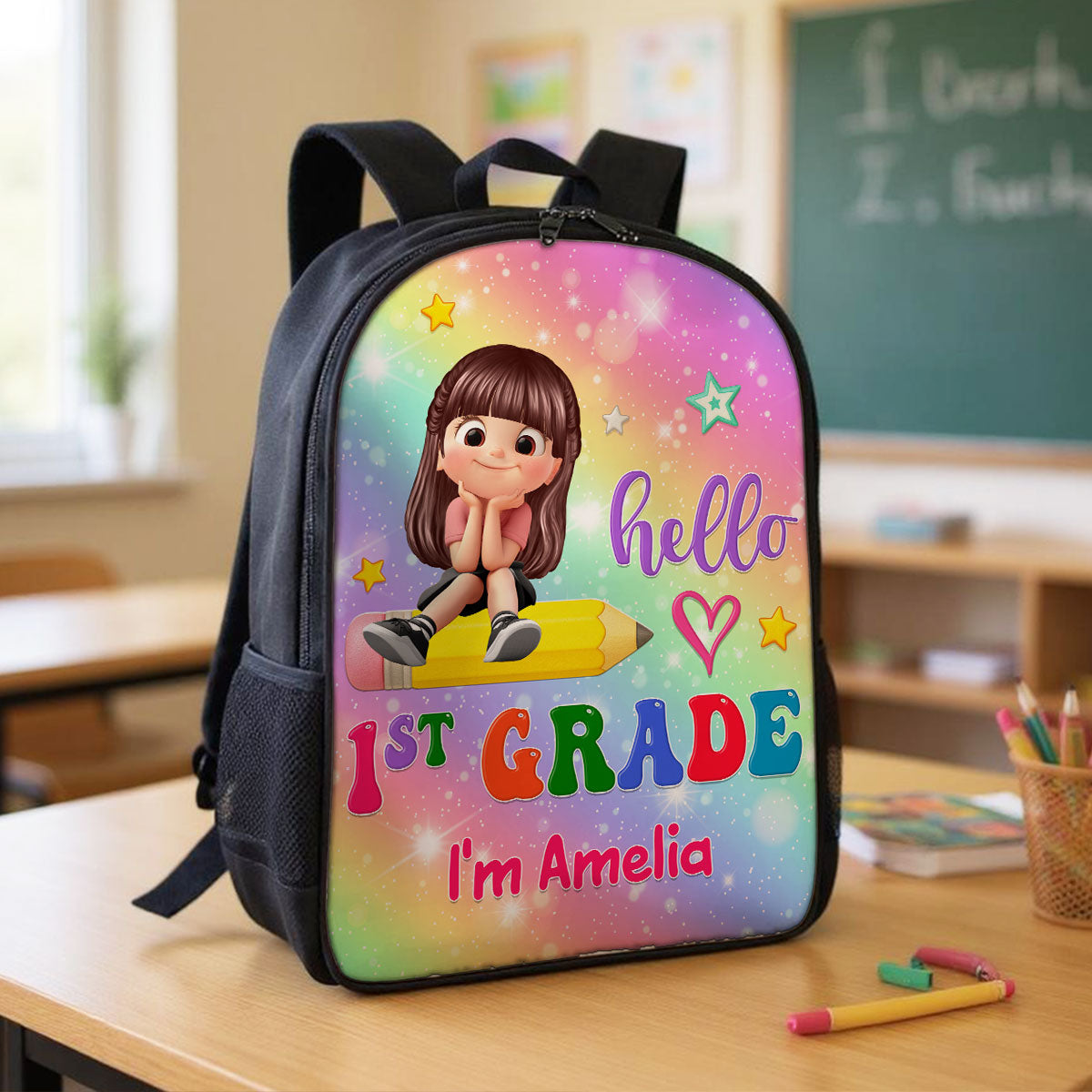 Kid Sitting On Pencil Personalized Kid Backpack, Back To School gift