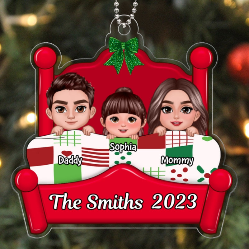 Christmas Family Dad Mom Kids Dogs Cats On Bed Personalized Acrylic Ornament