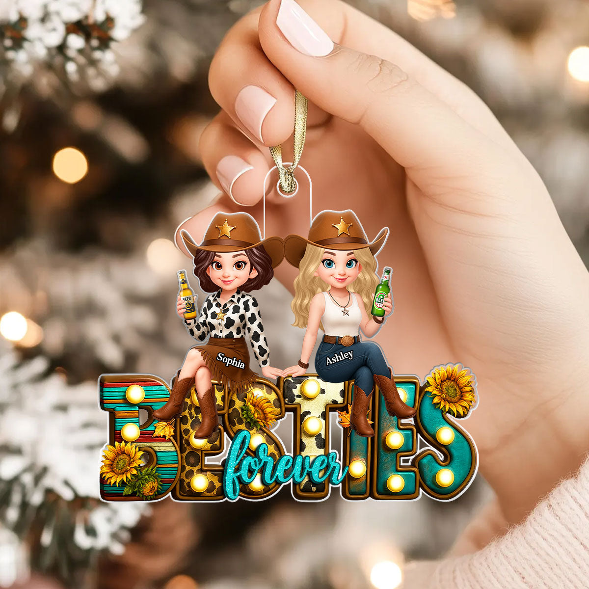 Western Besties Sitting Personalized Acrylic Ornament, Fall Gift for Best Friends