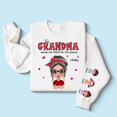 This Grandma Wears Her Heart On Her Sleeve Polka Dot Pattern Personalized Sleeve Printed Sweatshirt