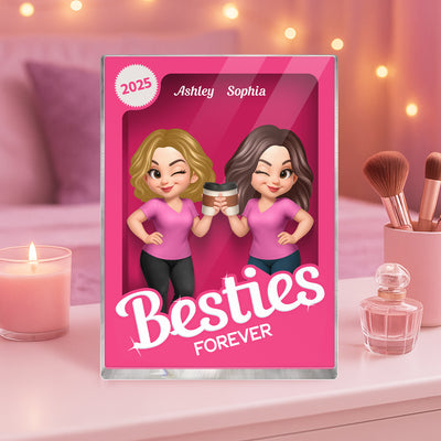 Besties Forever Pink Action Figure 3D Effect Personalized Acrylic Block, Meaningful Gift For Best Friend