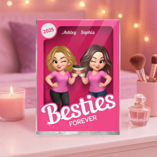 Besties Forever Pink Action Figure 3D Effect Personalized Acrylic Block, Meaningful Gift For Best Friend