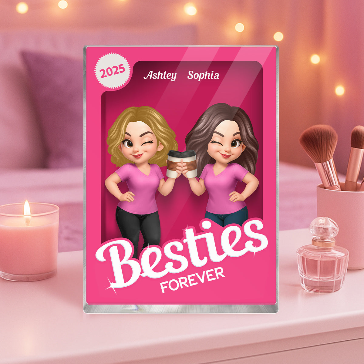 Besties Forever Pink Action Figure 3D Effect Personalized Acrylic Block, Meaningful Gift For Best Friend
