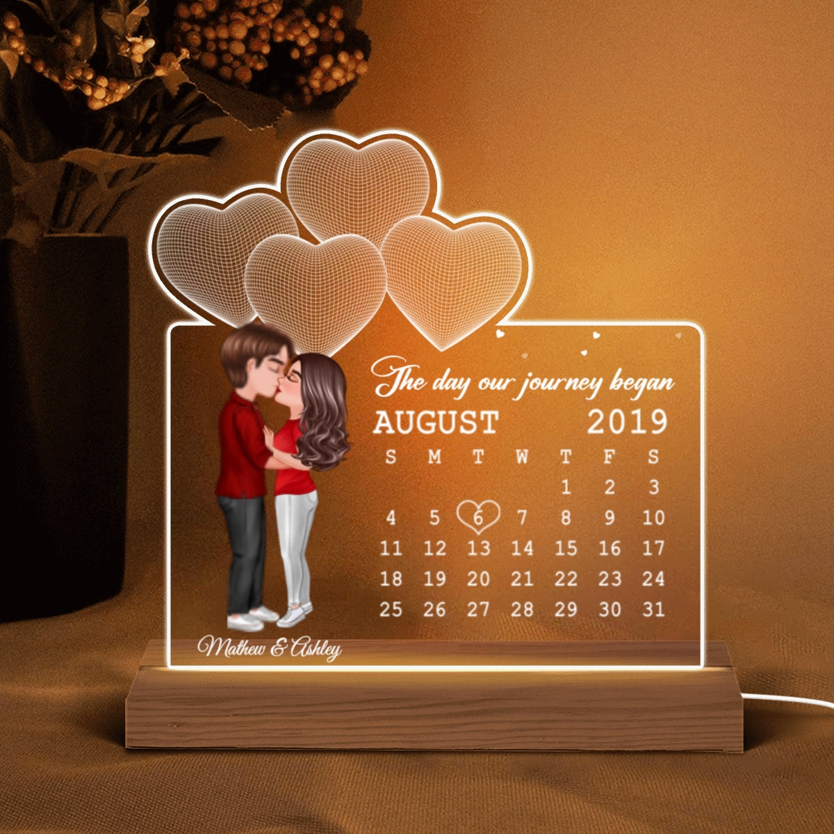 Doll Couple Kissing Under 3D Heart Anniversary Date Calendar Personalized Custom Shape Acrylic Plaque With LED Night Light - Anniversary Gift For Couple - Gift For Him Gift For Her