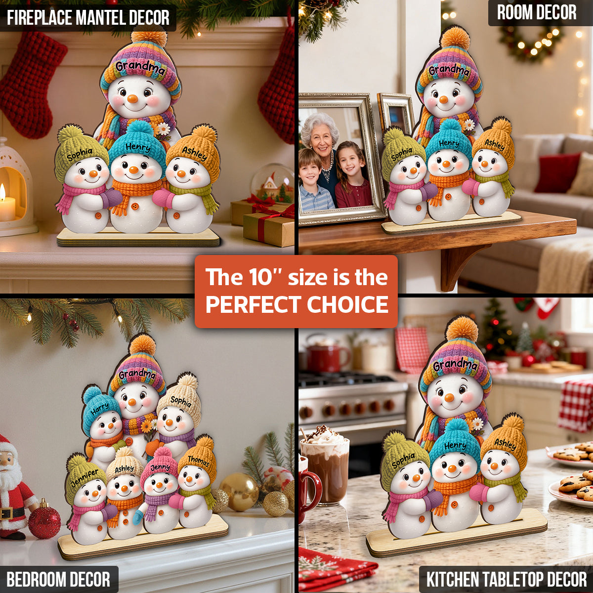 Snowman Grandma and Grandkids - Personalized Wooden Plaque - Fireplace Decor, Christmas Table Centerpiece