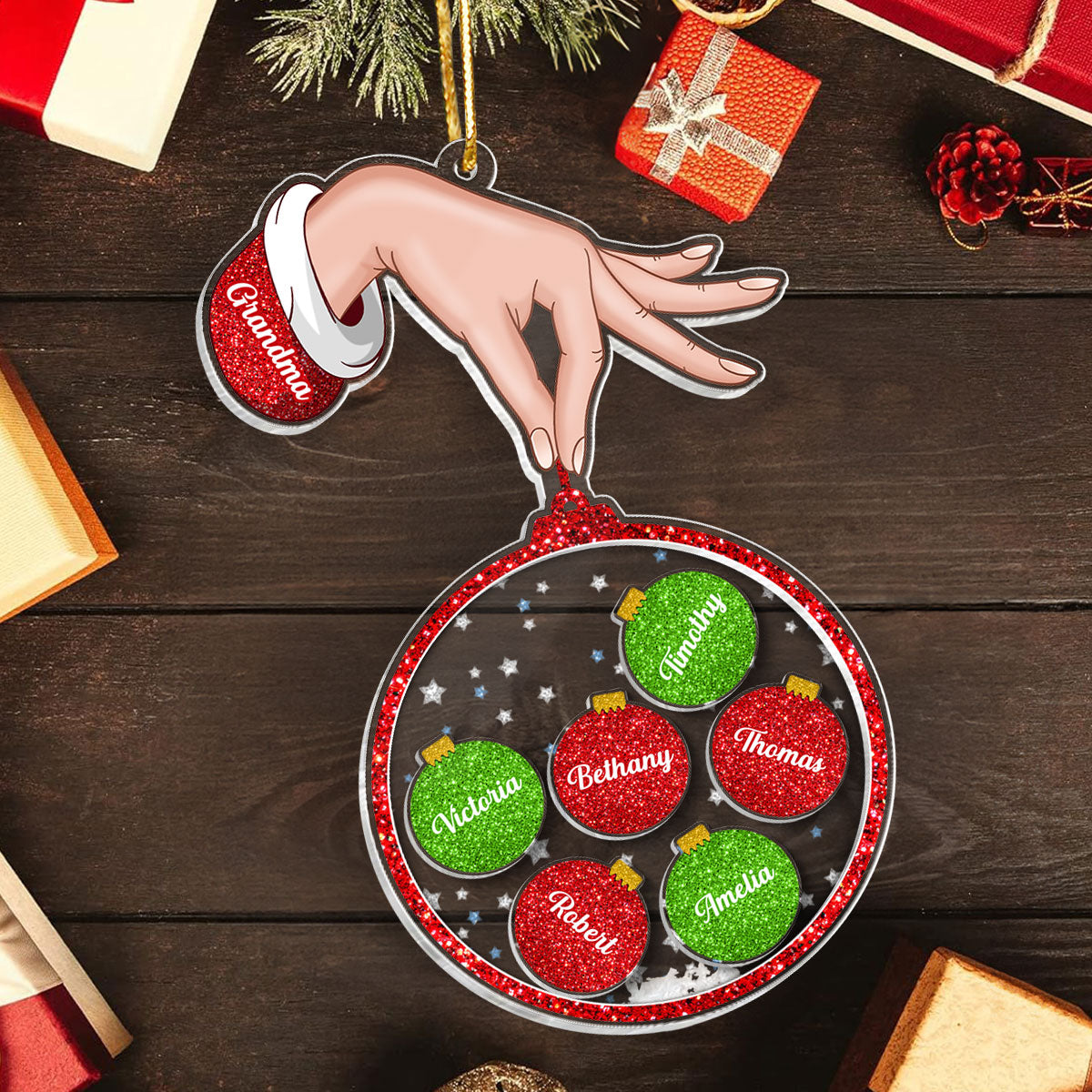 Grandma Hand Holding Christmas Ornament Personalized Shaker Ornament