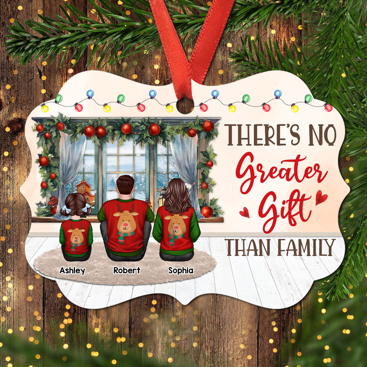 Family Dad Mom Kids Dogs Cats Sitting By Window Personalized Christmas Ornament