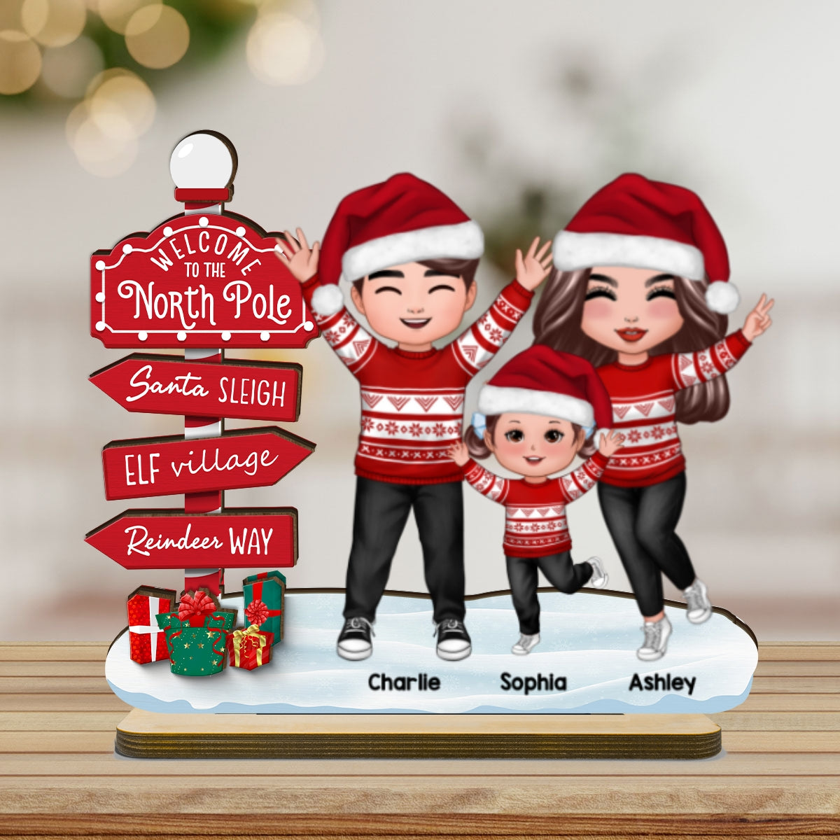 Happy Family With Christmas North Pole Sign Personalized 2-Layer Standing Wooden Plaque, Christmas Decoration
