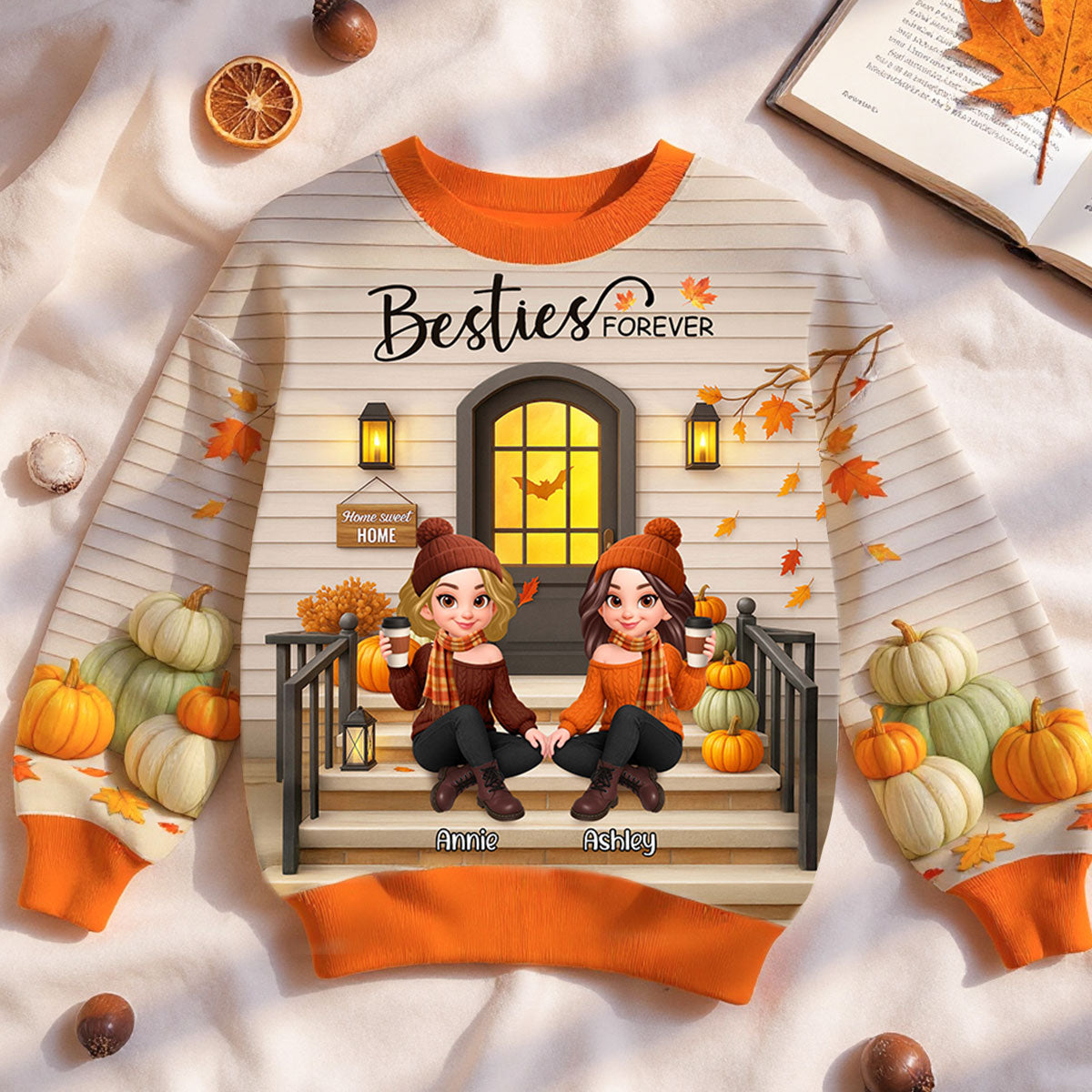 Fall Season Best Friends Sisters Front Porch Personalized 3D Sweatshirt