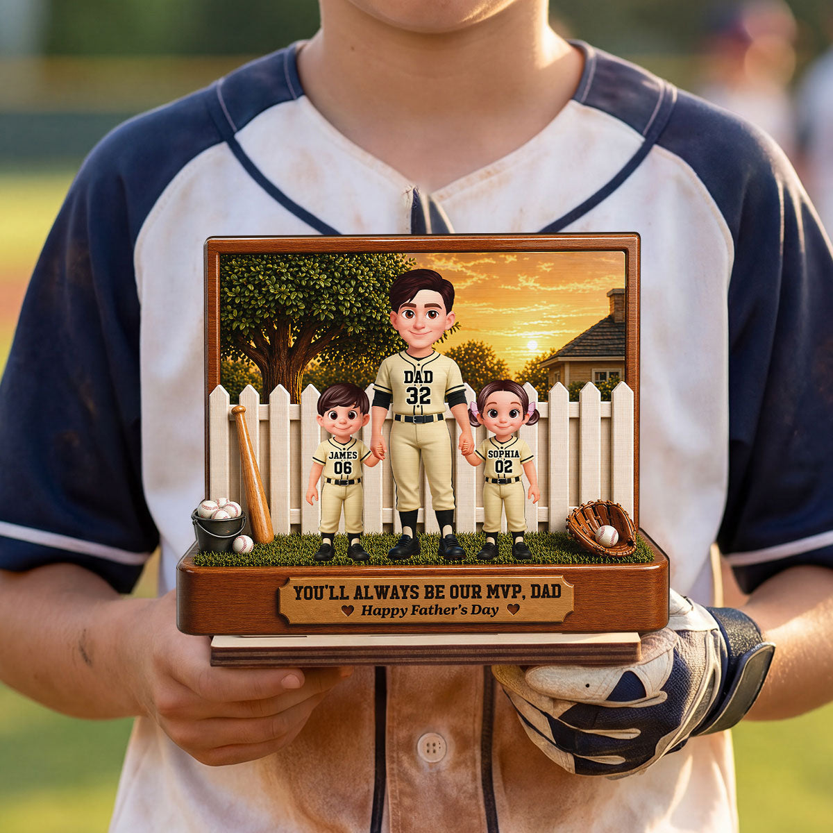 Baseball Dad And Kids Backyard We Caught The Best Dad - Personalized 2-Layered Wooden Plaque - Father's Day Gift For Dad