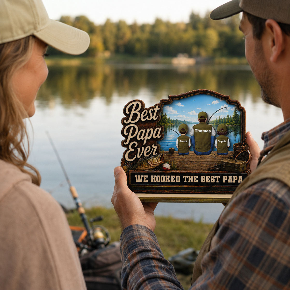 We Hooked The Best Dad Papa Fishing Man & Kids Back View 2D Flat - Personalized 2-Layered Wooden Plaque - Father's Day Gift For Hunting Dad, Grandpa