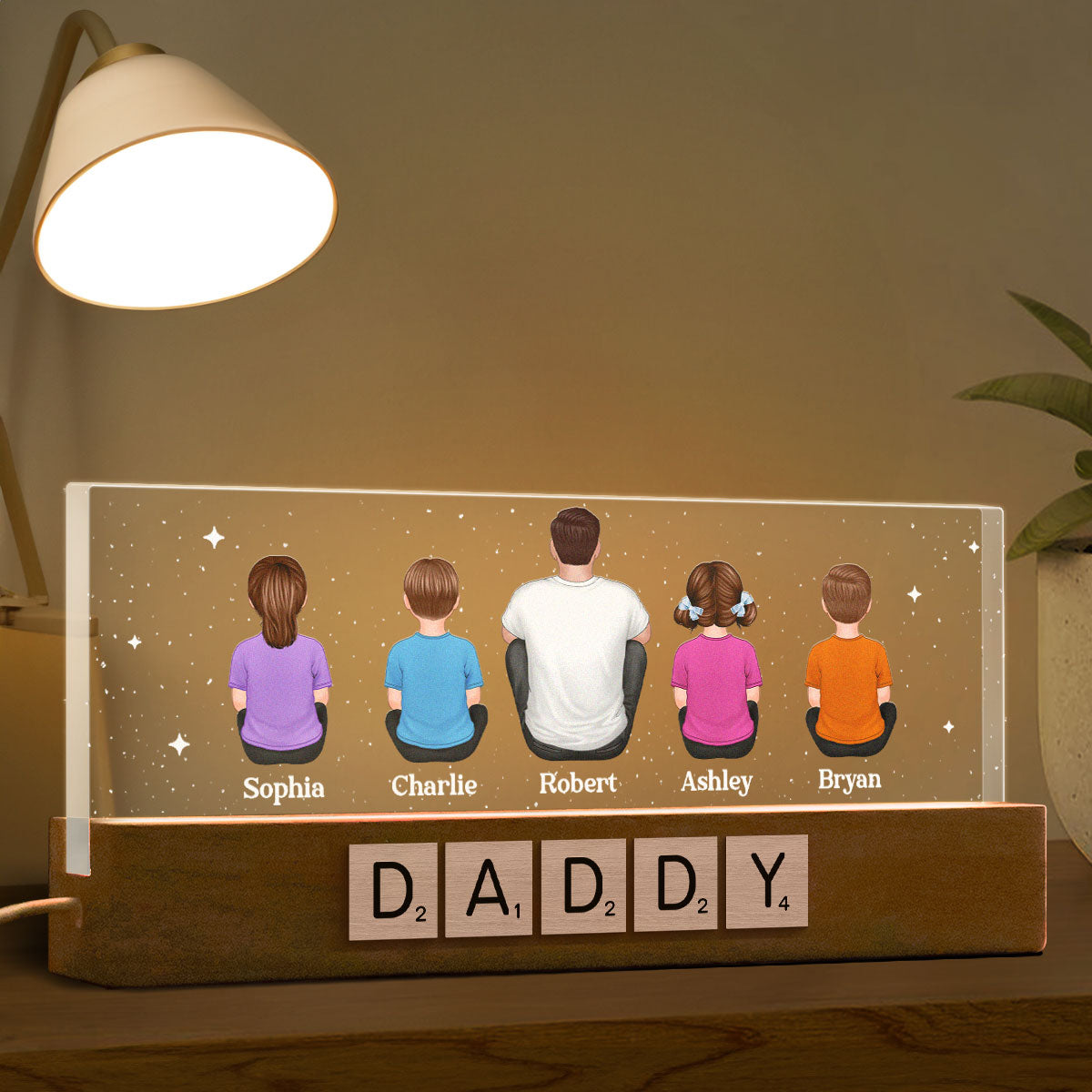 Daddy Grandpa Letters Wood Texture Sitting Back View Personalized Acrylic LED Night Light