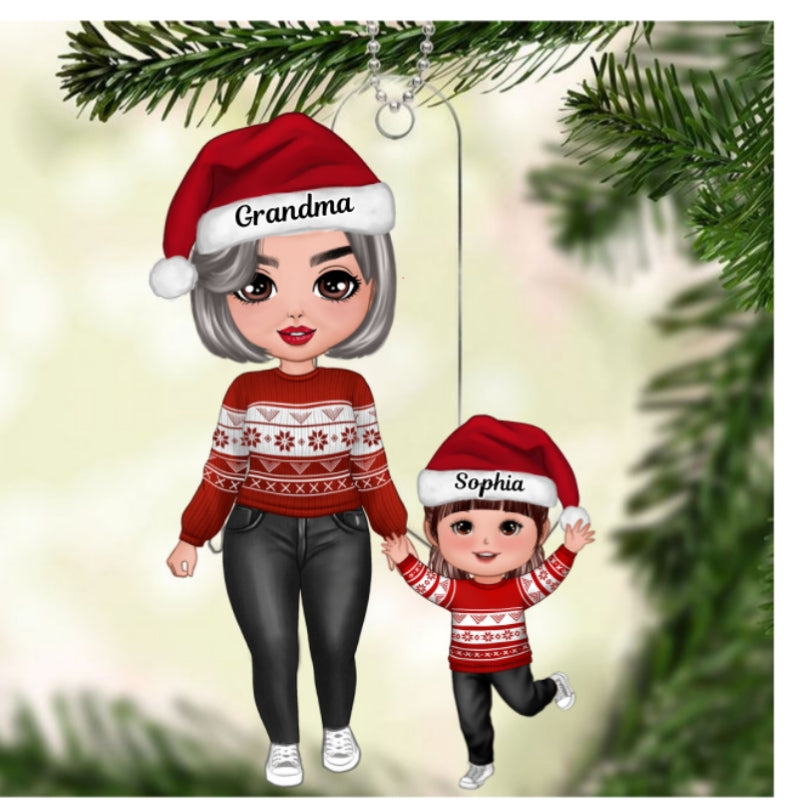 Doll Grandma And Granddaughter Grandson Walking Christmas Personalized Acrylic Ornament