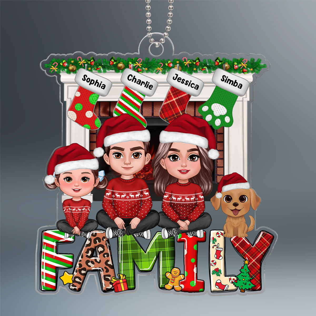Family Dad Mom Kids Dogs Cats Crossed Legs Sitting On Word At Fireplace Personalized Acrylic Ornament