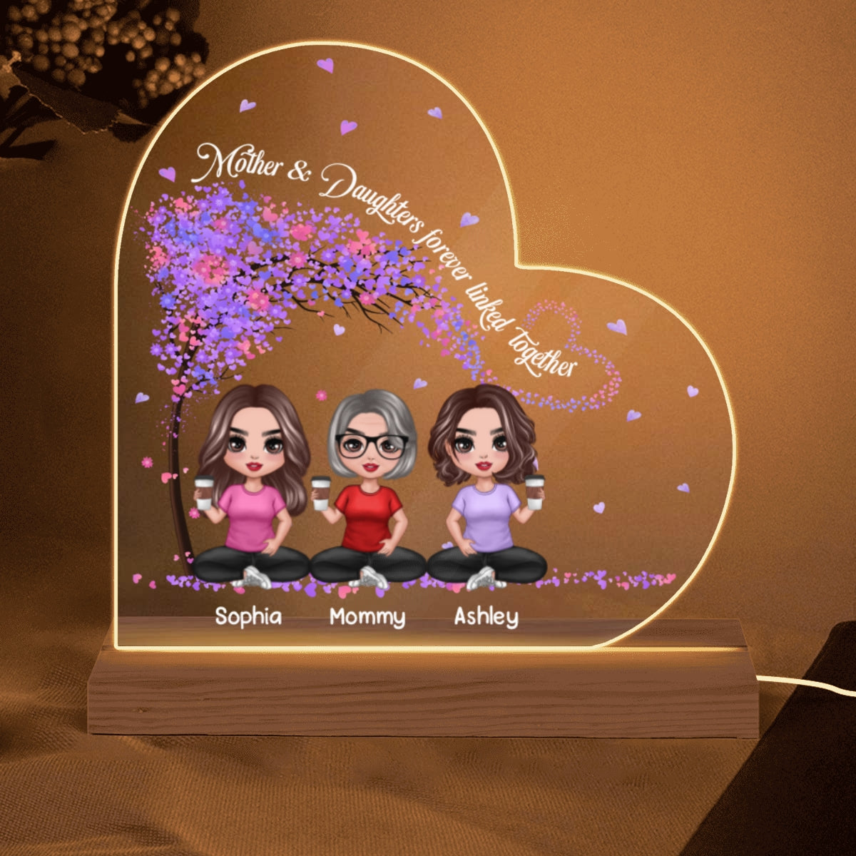 Doll Mother Daughters Under Tree Personalized Heart Shaped Acrylic Plaque With LED Night Light