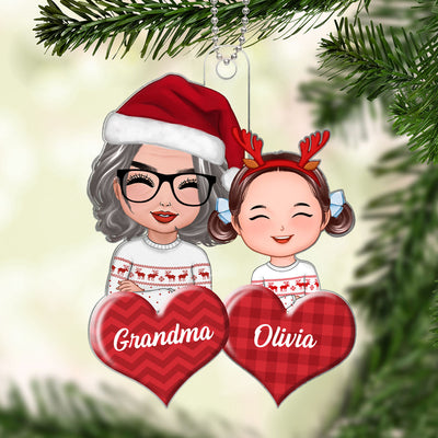 Doll Grandma And Granddaughter Grandson Crossed Arms On Hearts Christmas Gift Personalized Acrylic Ornament