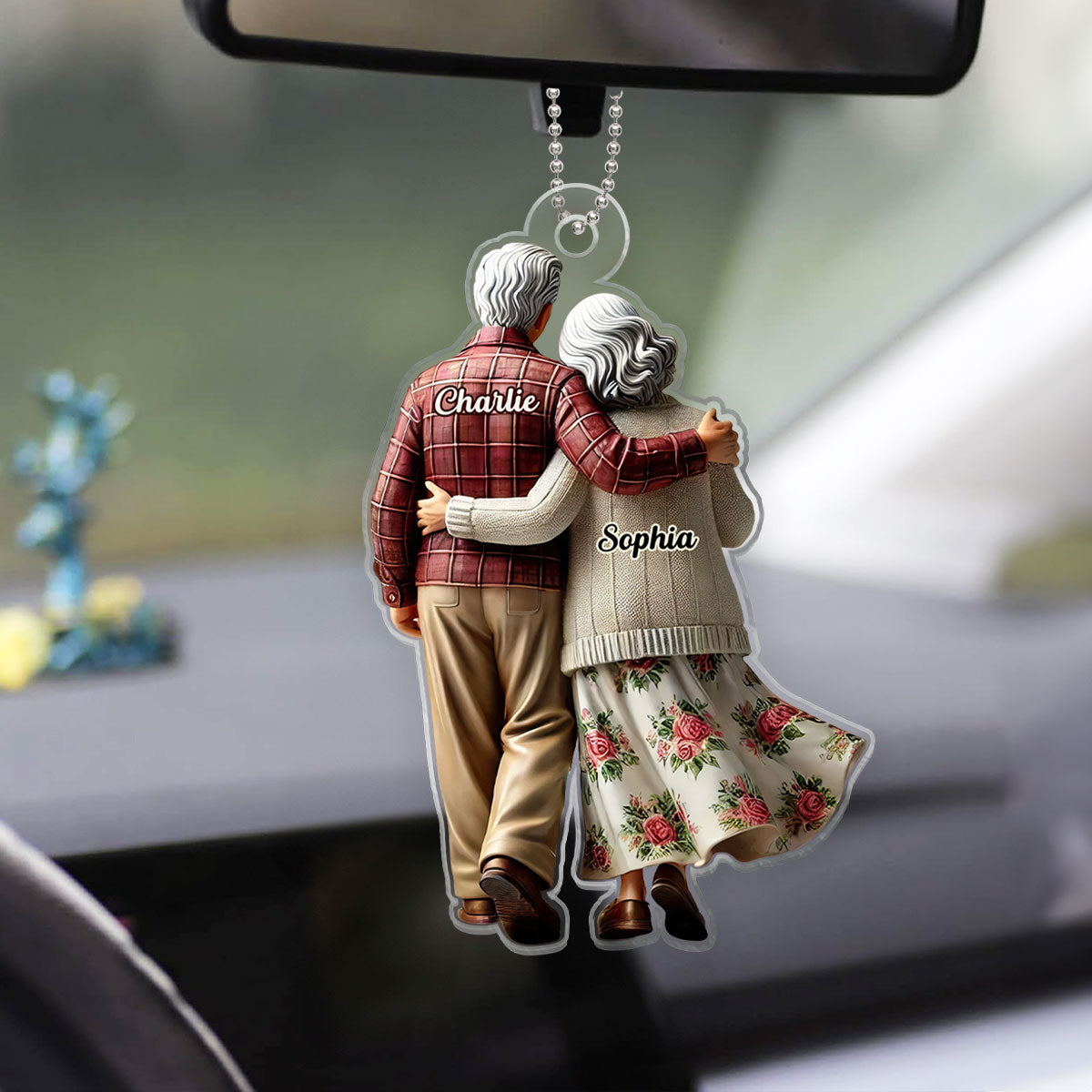 3D Effect Old Couple Walking Together Personalized Car Hanger Ornament, Heartfelt Gift For Couple, For Him, For Her, Husband, Wife