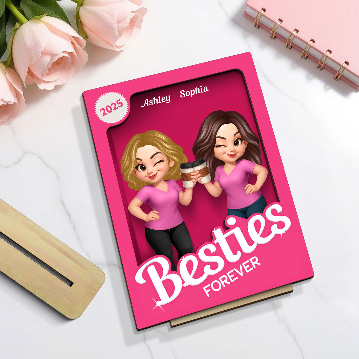 Besties Partner In Crime Pink 3D Effect Action Figure Personalized 2-Layer Standing Wooden Plaque