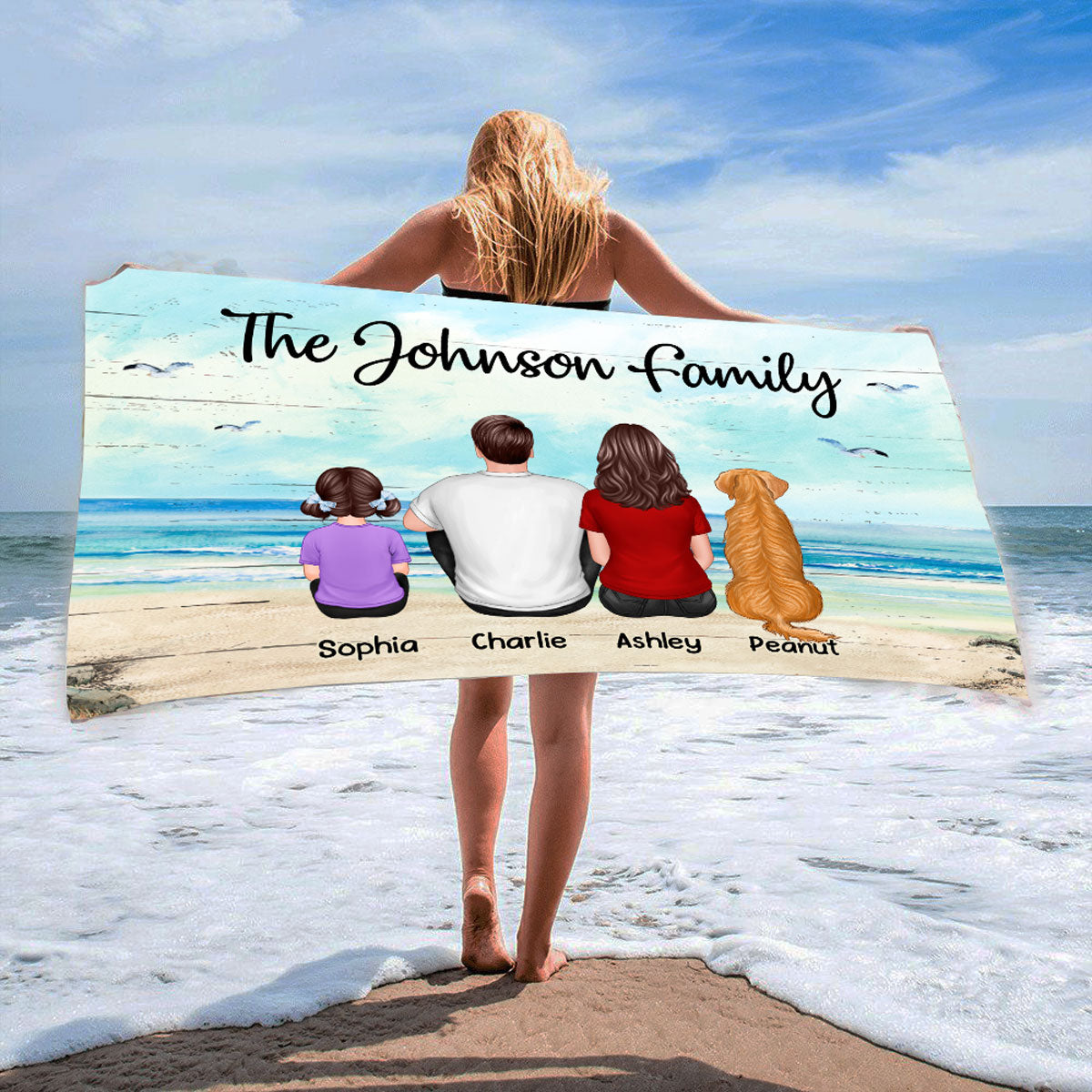 Family Sitting Beach Landscape Personalized Beach Towel