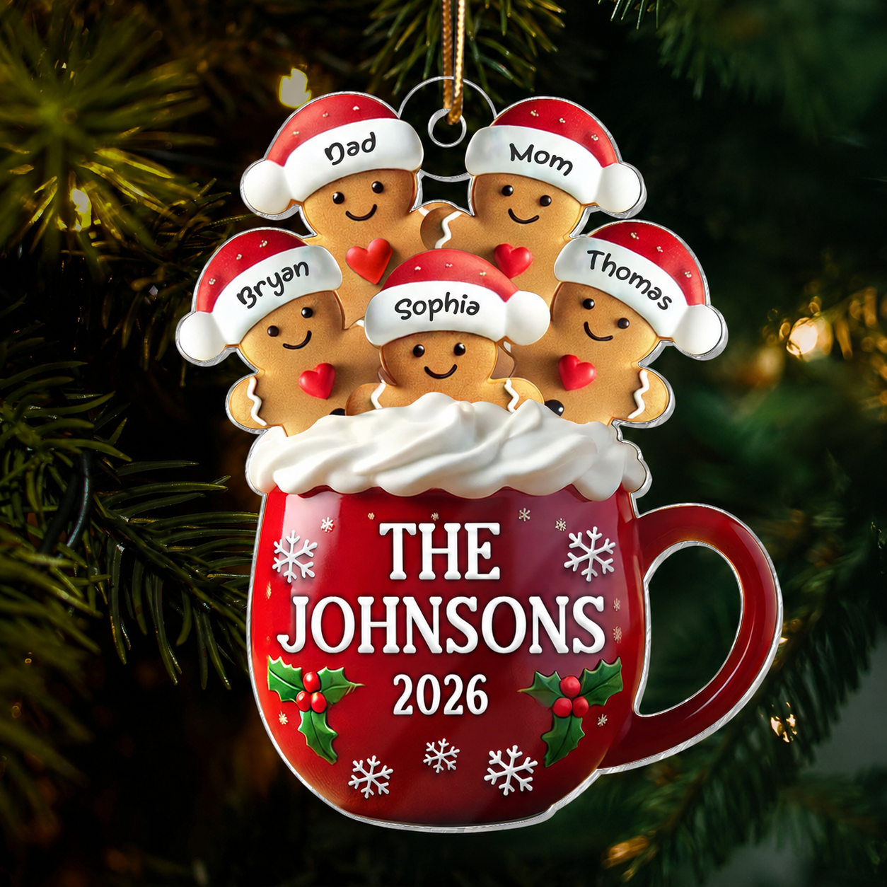 3D Effect Gingerbread Family In Hot Cocoa Christmas Decor Personalized Acrylic Ornament