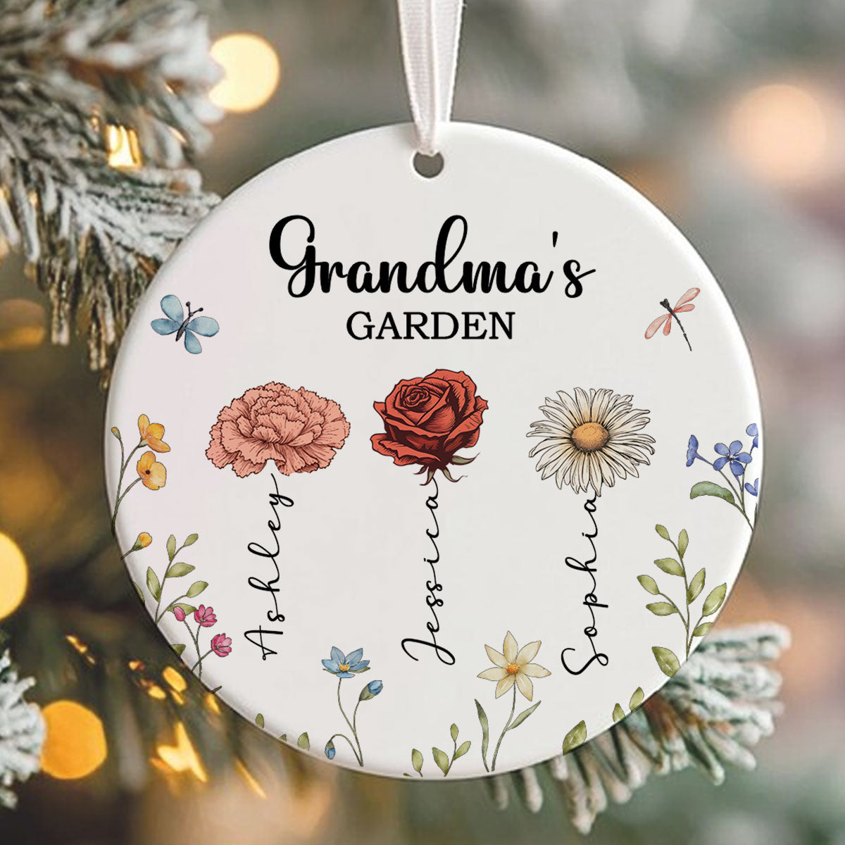 Grandma's Garden Personalized Ceramic Ornament, Christmas Gift For Grandma, Grandkids, Granddaughter, Grandson