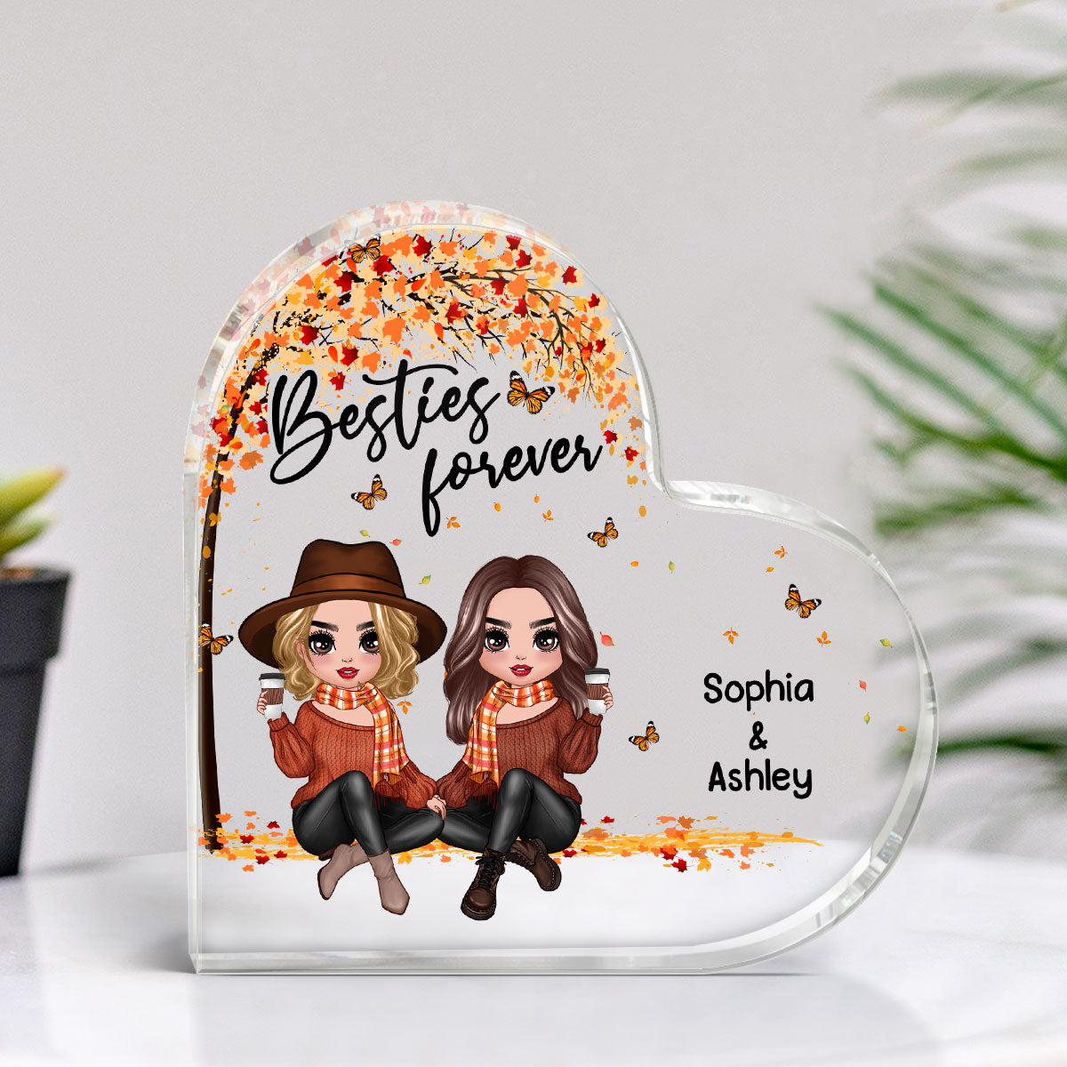 Besties Forever Doll Besties Sisters Sitting Under Tree Fall Season Personalized Heart Acrylic Plaque
