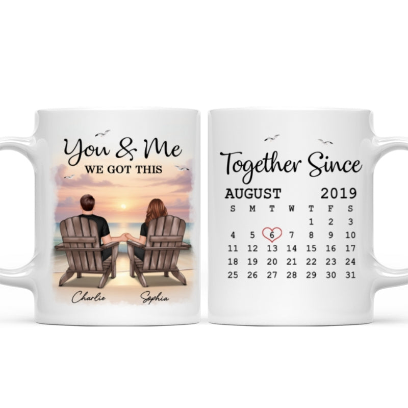 Eternal Sunset Beach Couple Back View Anniversary Calendar Personalized Mug,  Gift, Anniversary Gift For Him, For Her