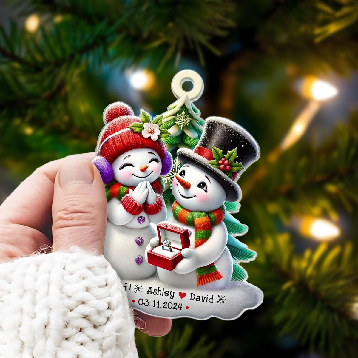 Engagement Snowman Couple Personalized Acrylic Ornament, Christmas Gift For Him, For Her, For The Couple