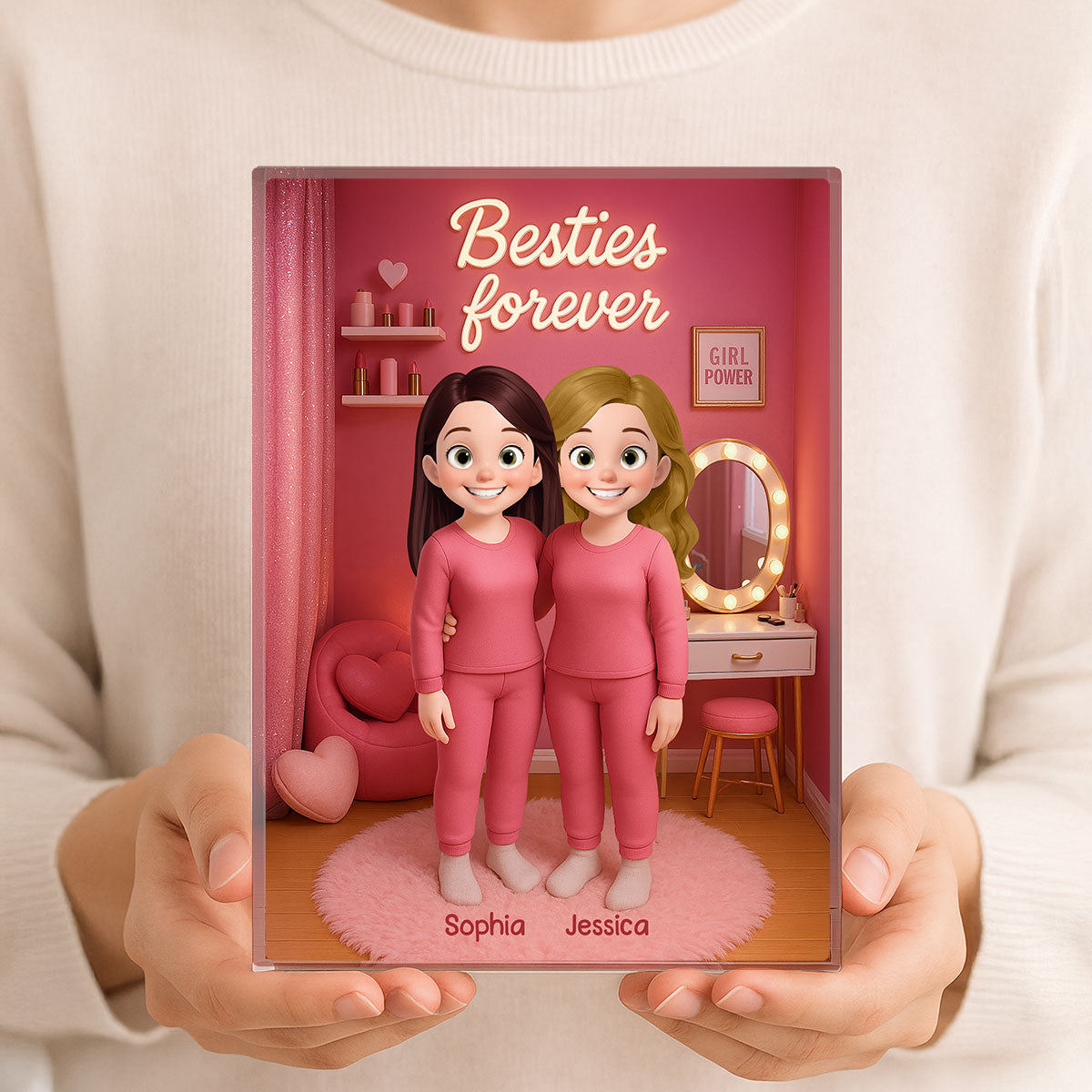 3D Effect Besties Pink Tone Dream Dollhouse Personalized Flat Rectangle Acrylic Block Plaque