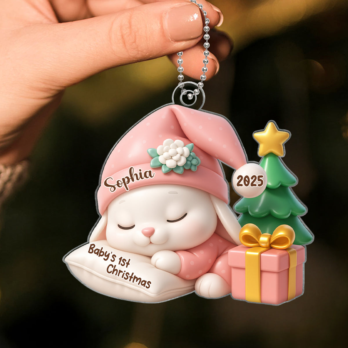 Baby's 1st Christmas Sleeping Bunny in Soft Pajamas Personalized Acrylic Ornament, Christmas Keepsake for New Mom, Dad