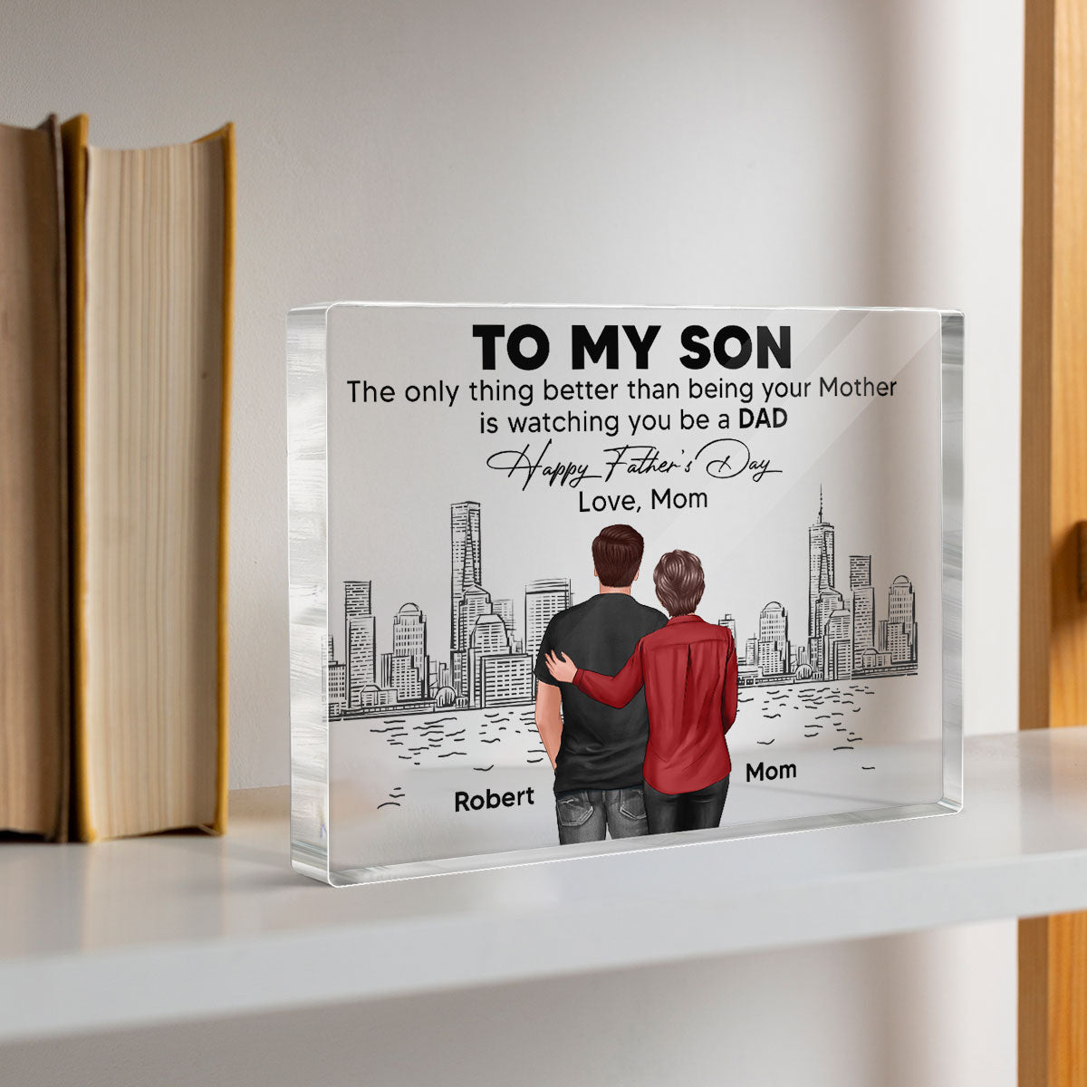 To My Son From Mom Happy Father's Day Skyline Personalized Rectangle Acrylic Block Plaque