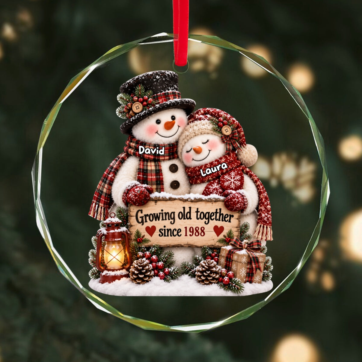 Snowman Couple Hugging Growing Old Together - Personalized Glass Ornament - Heartfelt Christmas Gift for Her, for Him