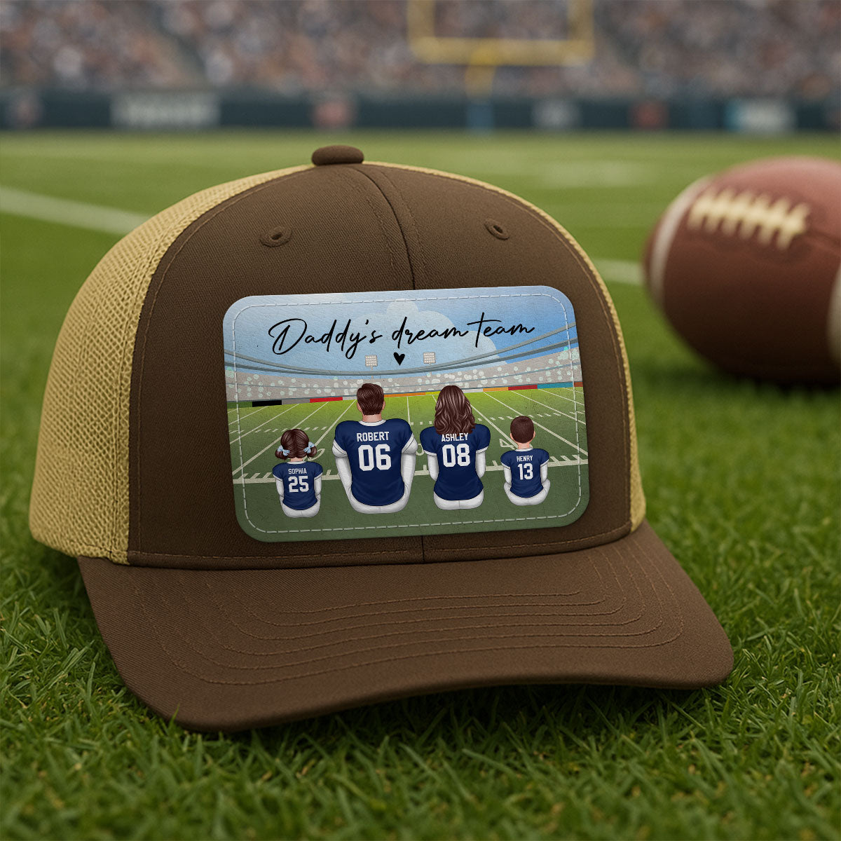Football Daddy's Dream Team Personalized Leather Patch Hat, Gift For Dad
