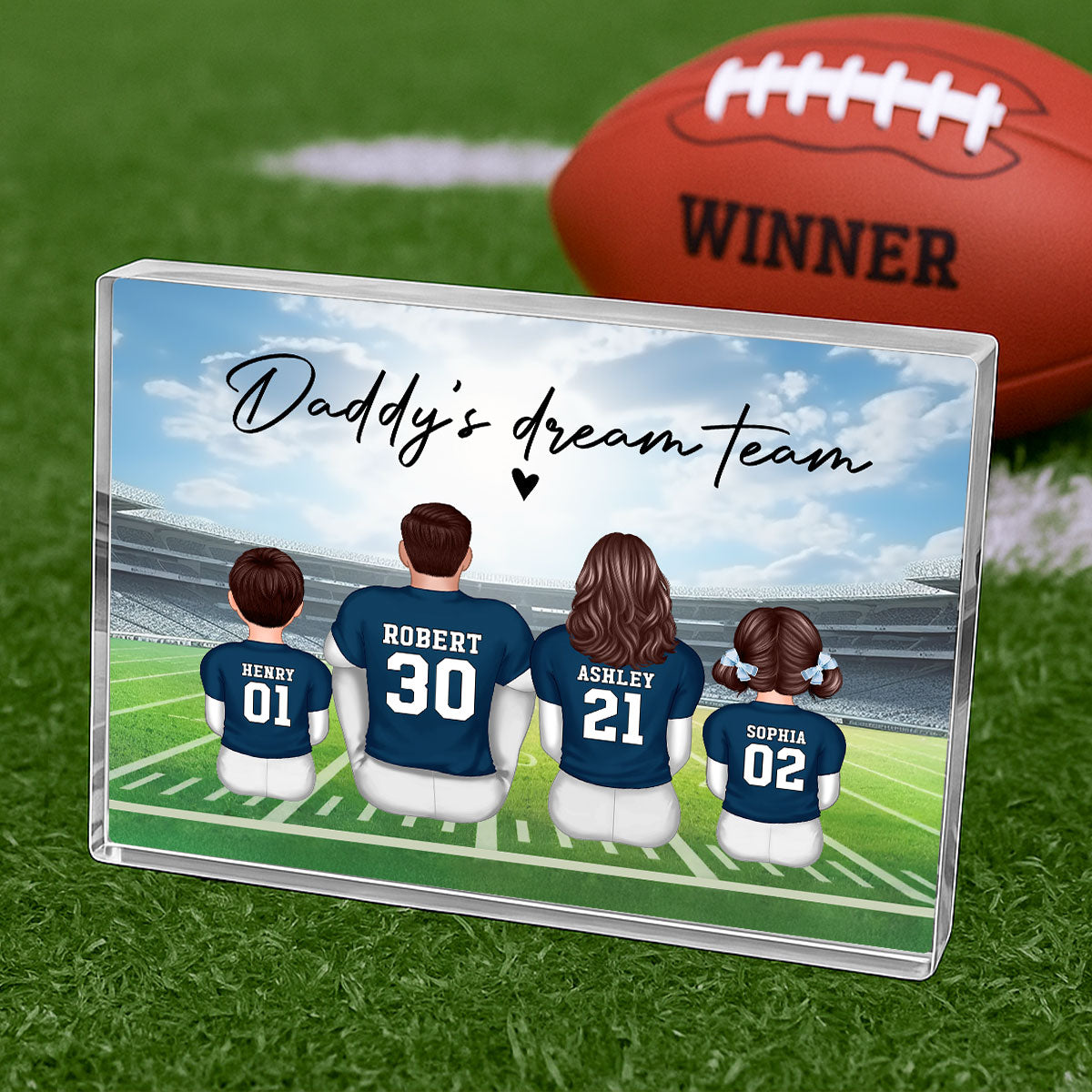 Daddy's Team Football Family Sitting Back View Personalized Acrylic Block, Father's Day Gift