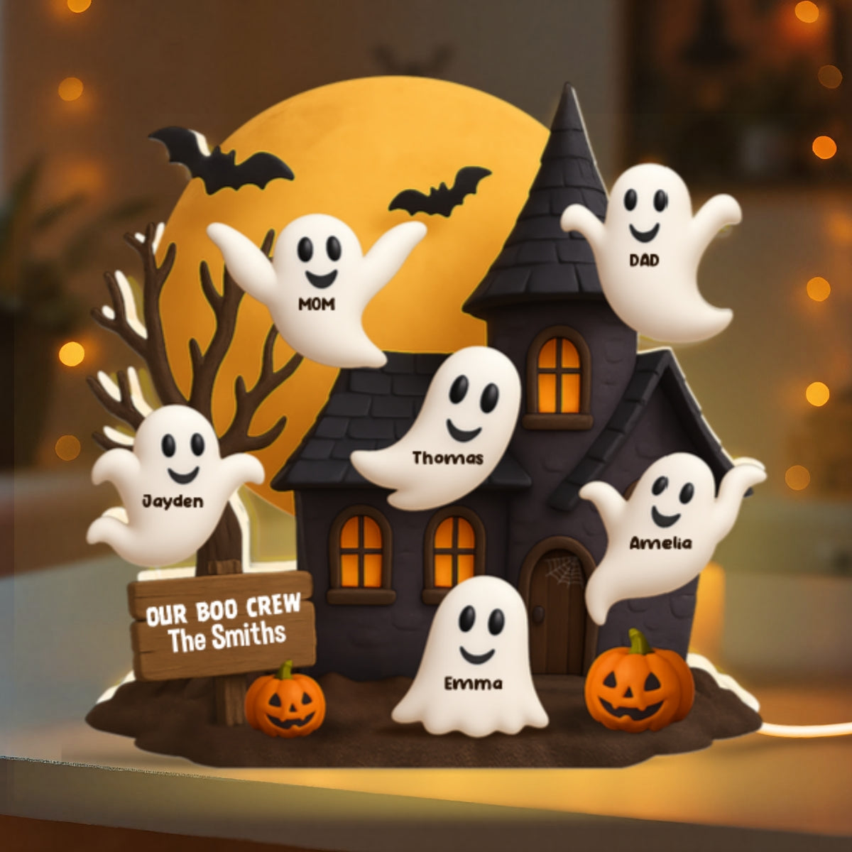 Halloween Boo Family Haunted House Personalized Light Box, Halloween Home Tabletop, Tiered Tray, Shelf Sitter Decoration