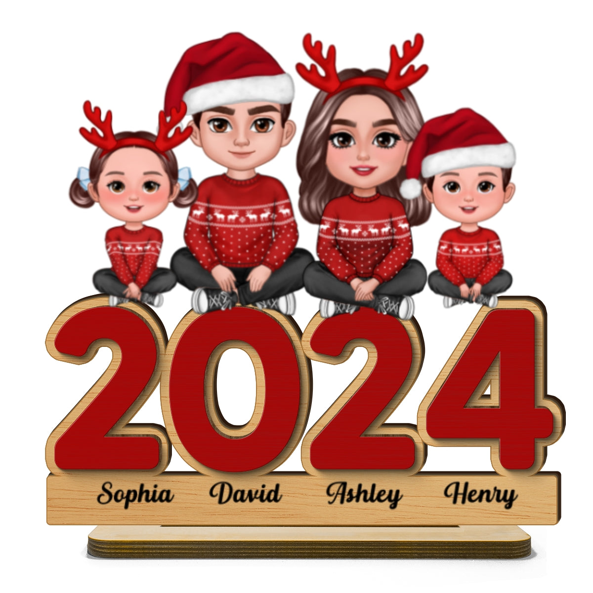 Family Sitting On 2024 Personalized 2-Layer Standing Wooden Plaque, Christmas Tier Tray Decoration