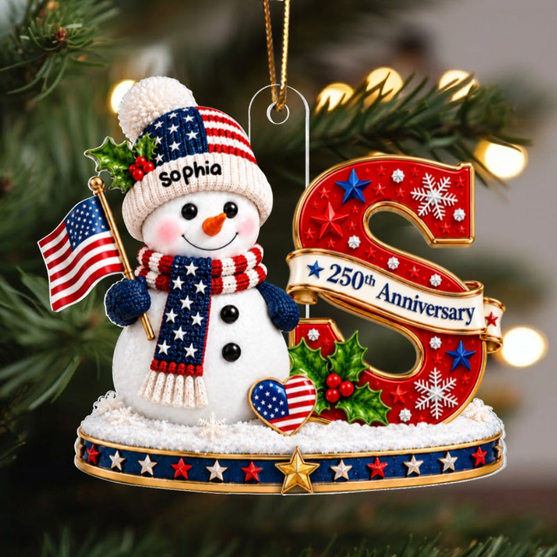 Patriotic Snowman Initial Custom Name 2D Flat - Personalized Acrylic Ornament - USA 250th Anniversary Keepsake